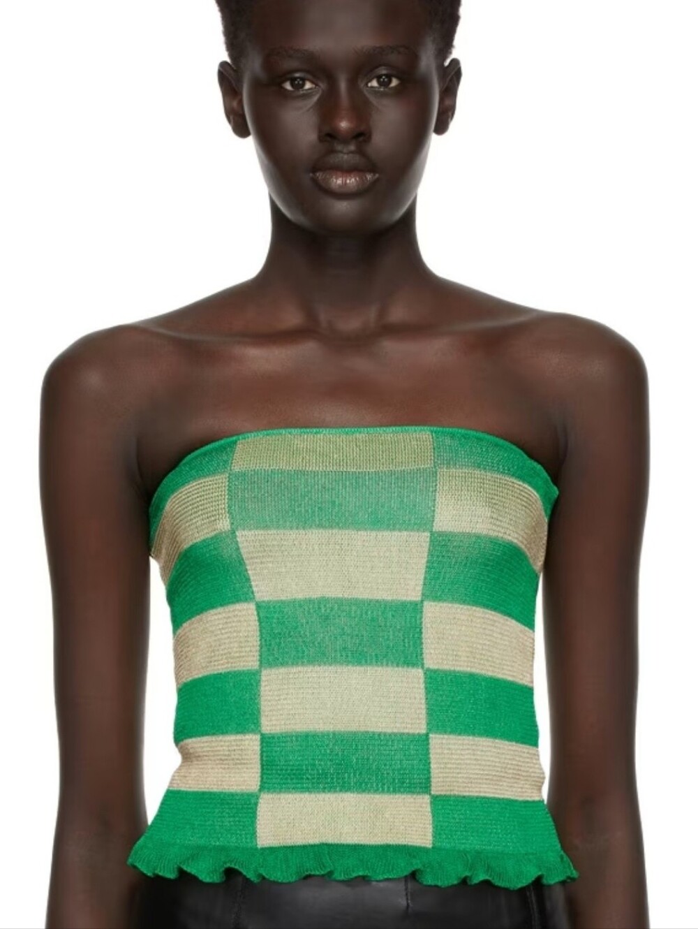Gimaguas Knit Tube Top S Green Cream Check Ruffle Hem Boho Resortwear